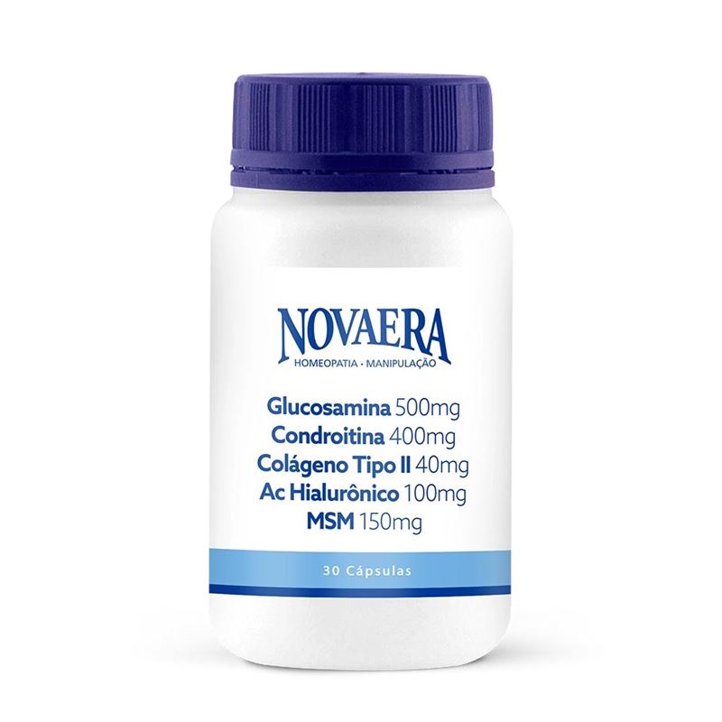Glucosamina 500mg + Condroitina 400mg + Colágeno Tipo II 40mg + Ácido Hialurônico 100mg + MSM 150mg 30 Cápsulas